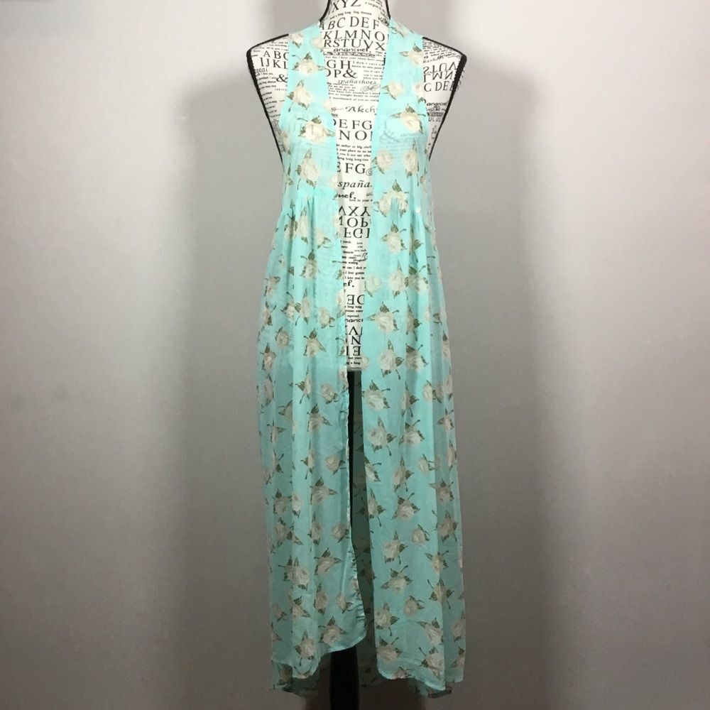 David & Young long minty green sheer open front floaty duster coverup fairy M/L